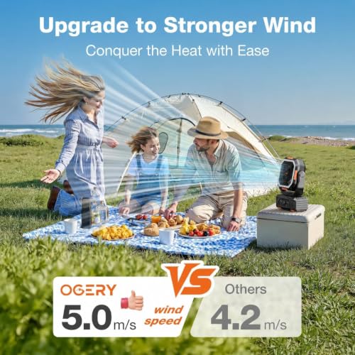 OGERY 30000mAh Portable Rechargeable Camping Fan with Remote & LED Lantern – Black & Orange