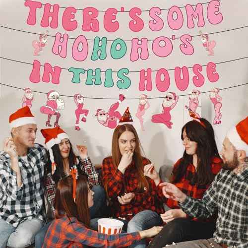 Gameza Friendsmas Christmas Party Decorations - 4PCS There's Some Ho Ho Hos in This House Christmas Banner Pink Naughty Christmas Decorations Party Holiday Santa Claus Xmas Party Decor Supplies No DIY