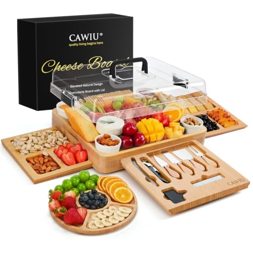 Large Bamboo Charcuterie Board Set with Lid, Drawers & Accessories - Black