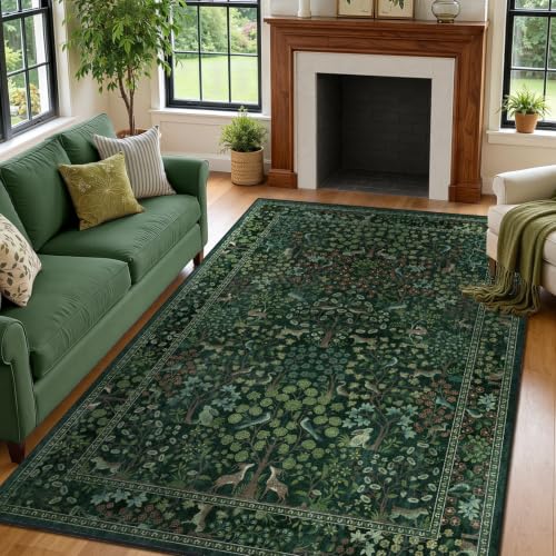 Green Woodland Floral Animal Rug 5x7 - Washable Low-Pile Area Rug for Living Room, Bedroom, Nursery - Non Slip