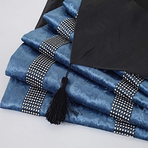 San Tungus 13x72 Inch Blue Bilateral Rhinestone Table Runner with Diamante Strip & Tassels
