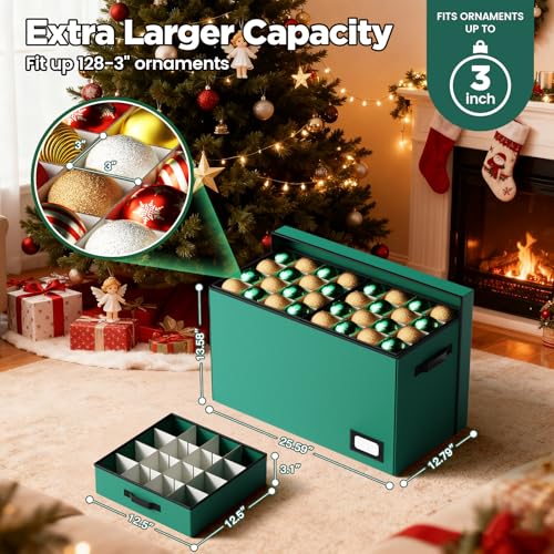 Large Christmas Ornament Storage Box with Adjustable Dividers, Holds 128 Ornaments