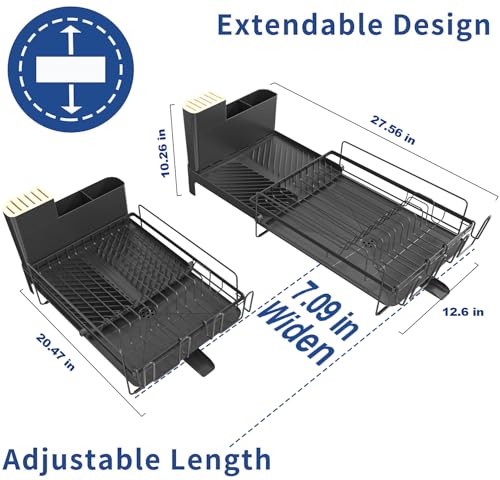 Extendable Dish Drying Rack - Black, Adjustable Countertop Drainer with Drainboard