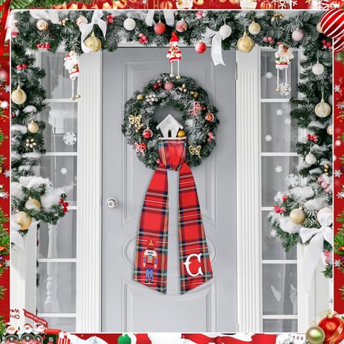 Yoirrat 2Pcs Christmas Plaid Nutcracker Monogram Satin Wreath Sash - Red C