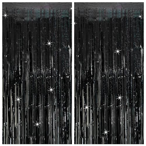 K.E.J. 2 Pack Black Tinsel Curtain Backdrops – 3.28 ft x 6.56 ft Fringe Foil Party Curtain for Photo Booth, Birthday & Halloween
