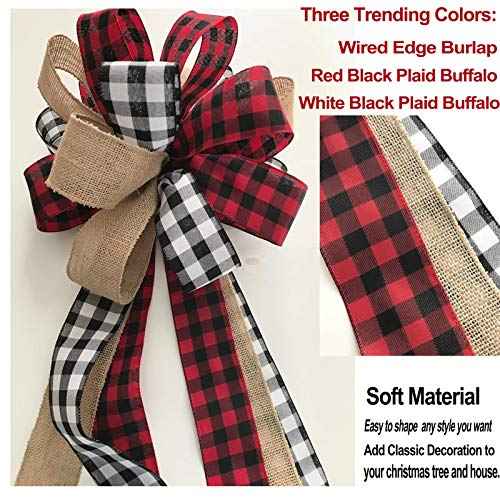Christmas Bows Tree Topper Red Black White Buffalo Plaid Ornaments Handmade for Wreath Door Burlap Rustic Farmhouse Decoration (Burlap Buffalo Plaid)