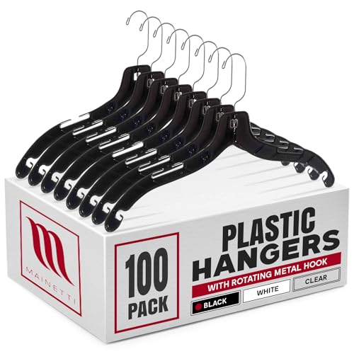 Mainetti 17in Black Plastic Shirt Hangers - 100 Pack with Swivel Hook & Notches