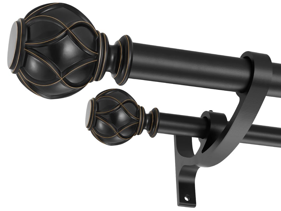 Double Curtain Rods for Window 144 to 164 Inch, Heavy Duty 1-Inch Front and 5/8 Inch Back Double Drapery Rods Decorative with Classic Finials, Matte Black