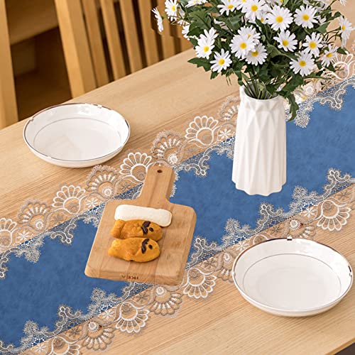 Blue 16x120 Inch Vintage Lace Table Runner - 120" PU/Poly with Macrame Edge