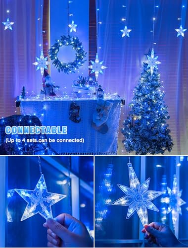 BEEWIN Blue White 126 LED Star Icicle Outdoor String Lights with Bethlehem & Small Stars