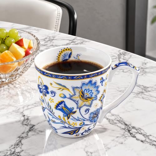 LanHong Blue Floral 14oz Bone China Coffee Mug with Handle - Daily Tea & Coffee Cup
