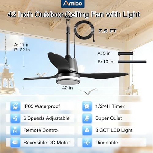 Amico 42-Inch Black Outdoor Ceiling Fan with Lights, Waterproof IP65 Gazebo Fan