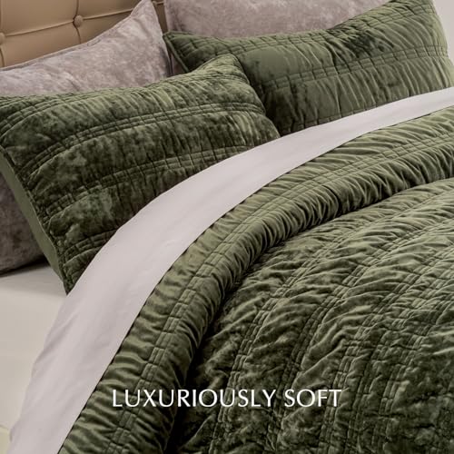 EverGrace King Size Velvet Quilt Set Olive Green Ruched Lightweight Bedding