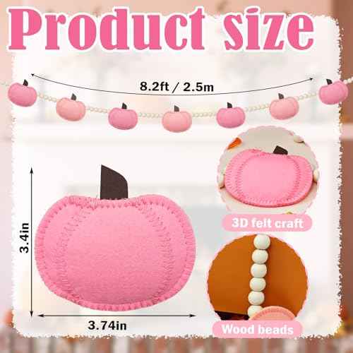 Fall Felt 3D Pumpkin Garland Pink Pumpkin Garland and Wood Bead for Fall Decor Autumn Decorations for Home Fall Pumpkin Banner for Mantle Home Wall Decor