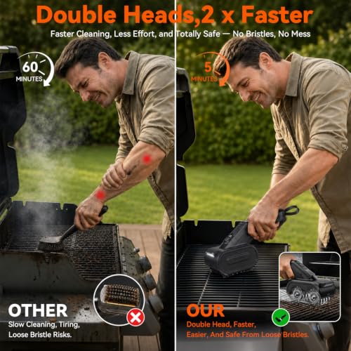 OMDEX Bristle-Free Electric Grill Brush with 2 Heads, 3-Speed Cordless Cleaner for Iron, Gas & Charcoal Grills