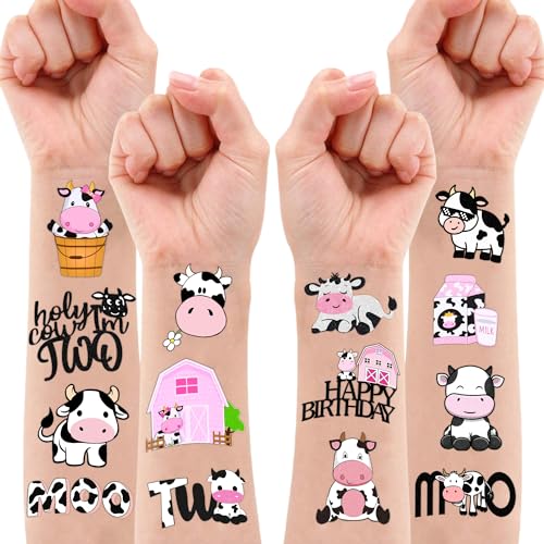 Holy Cow Im Two Temporary Tattoos Pink Cow 2nd Birthday Party Decorations Favors Supplies Cow Themed Stickers 10 Sheets 100 PCS Gifts for Baby Girls Boys Decor Class School Carnival Christmas