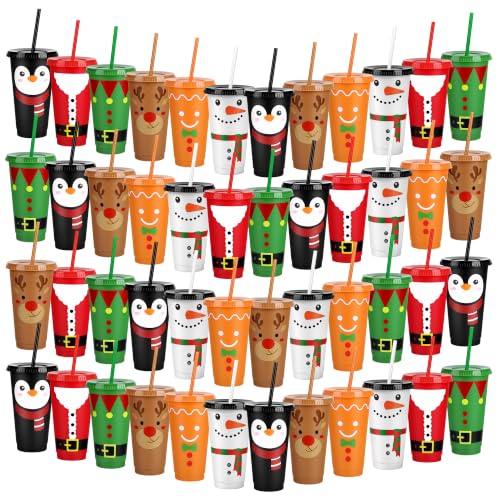 Kochorie 48 Pcs Christmas Plastic Cups with Lids & Straws, 24oz with 6 Designs (Christmas Mixed)