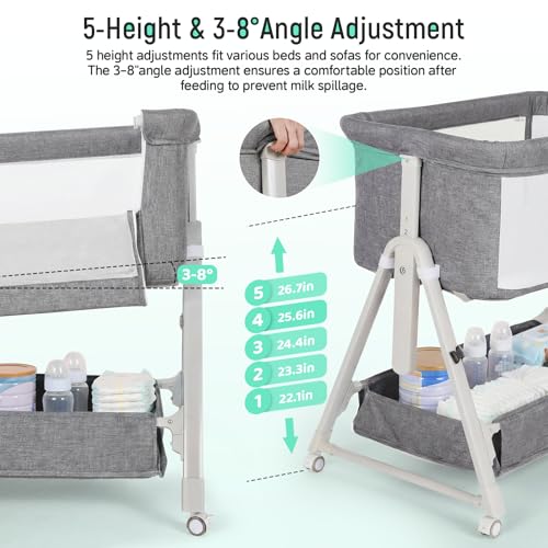 Grey Cowiewie 3-in-1 Baby Bassinet Bedside Crib with Mattress & Wheels