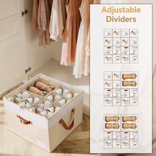 Criusia Foldable Shoe Organizer Box with Adjustable Dividers - Beige, Holds 16-32 Pairs