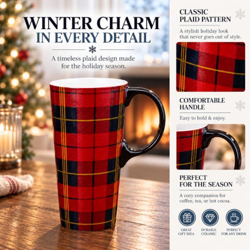 Topadorn 17oz Ceramic Travel Mug with Red Tartan Plaid Lid - Gift Box