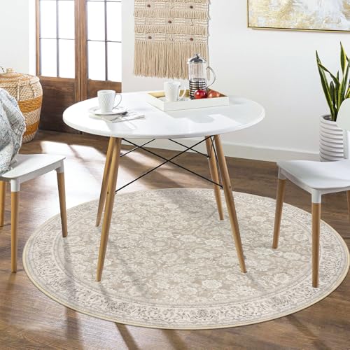 6Ft Round Washable Circular Area Rug with Non-Slip TPE Backing - Cream/Beige/Yellow/White/Grey
