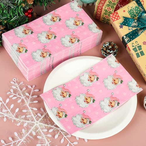 Pink Christmas Paper Napkins with Santa Claus & Snowflakes - 100 Pack