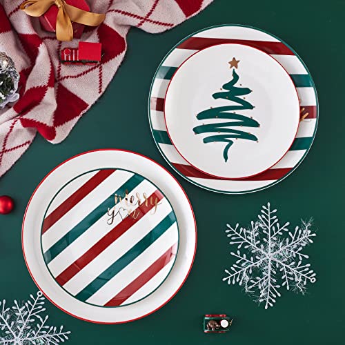 Swuut Christmas Dinner Plates Set of 4, 10 Inch Bone China with Gold Tree Design