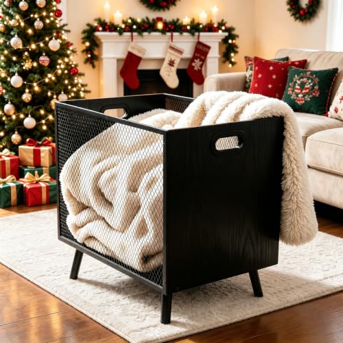 67L Extra Large Wooden & Mesh Blanket Storage Basket - Multi-Purpose Organizer