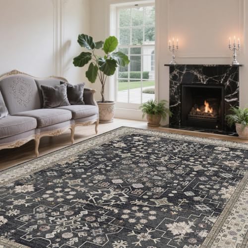 8x10 Charcoal Blush Ivory Washable Area Rug - Vintage Floral Design, Non-Slip, Pet & Kid Friendly