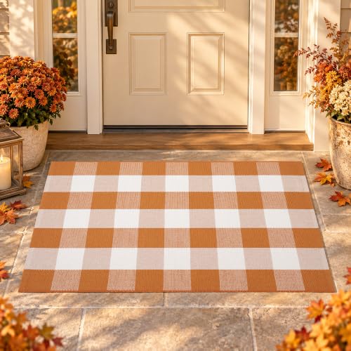 Caramel Buffalo Plaid Rug 3 x 5 ft for Entryway, Porch & Indoor Use - Farmhouse Style