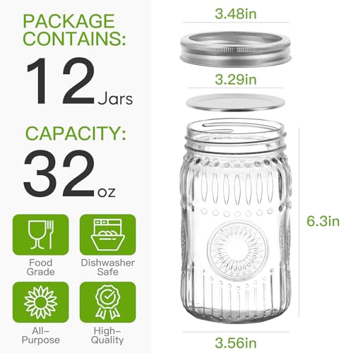 Clear 32oz Wide Mouth Mason Jars 12 Pack with Tags & Twine - Vintage Style