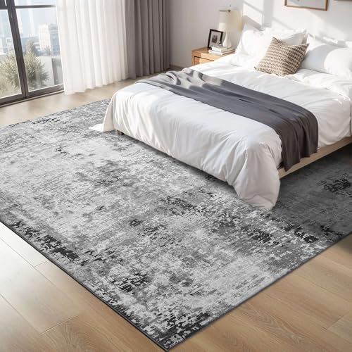 Grey 8x10 Abstract Boho Area Rug - Machine Washable Non-Slip Faux Wool Indoor Carpet