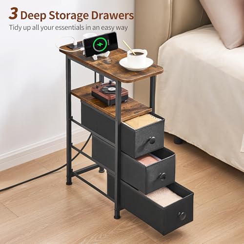 7.9 W x 18.9 D Narrow End Table with Charging Station & LED Light - Rustic Brown