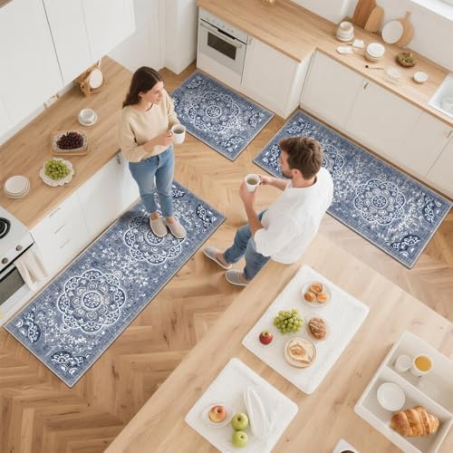 Ileading 3-Piece Kitchen Rug Set with Runner - Blue Floral, Non-Slip Washable Mats, 20x32/48/59 Inches