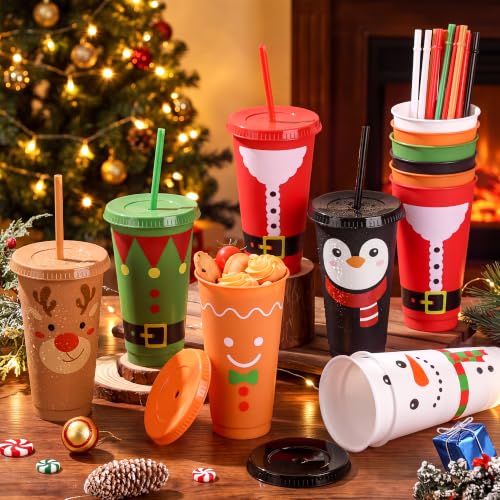 Kochorie 48 Pcs Christmas Plastic Cups with Lids & Straws, 24oz with 6 Designs (Christmas Mixed)