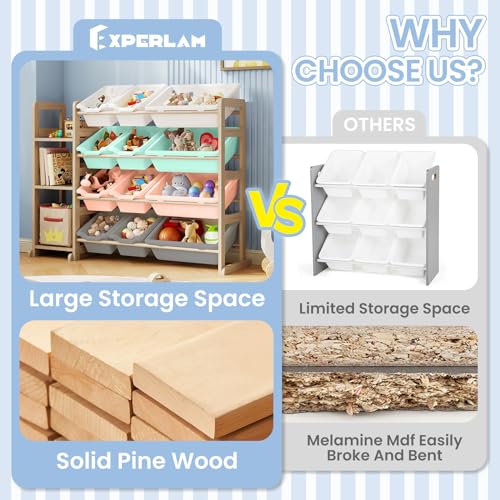 Kids Toy Storage Organizer with 3 Shelves & 12 Bins - Multi Color, Solid Pine Wood