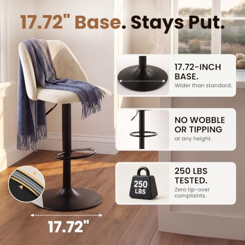 Adjustable Upholstered Bar Stools Set of 2 Beige - 360° Swivel Counter Height Chairs with Stable Metal Base