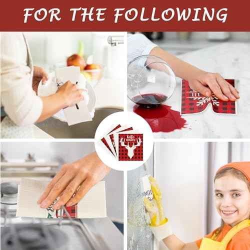 Whaline 6Pcs Christmas Swedish Dishcloths Red Buffalo Plaid Xmas Dish Towels Xmas Tree Snowflake Joy Reusable Absorbent Washable Cotton Kitchen Towels for Xmas Winter Cooking Wiping, 6.7 x 7.7 Inch