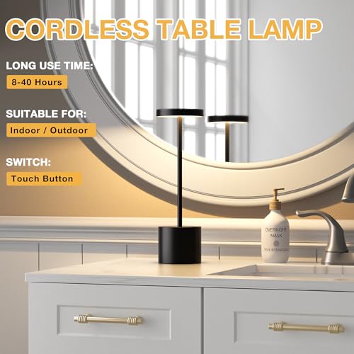Black Cordless Rechargeable Table Lamp Set of 2 - 4000mAh Battery, Touch Dimmable, Portable LED Lighting
