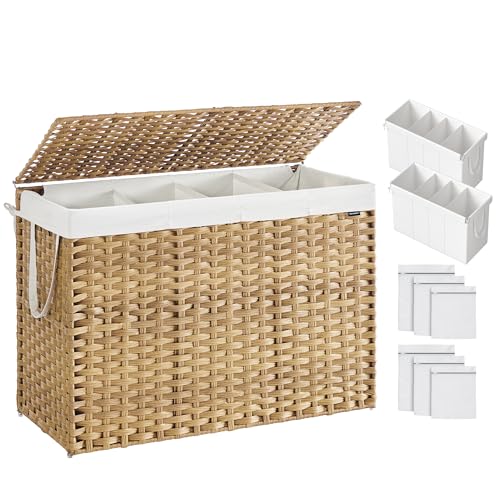 SONGMICS Natural 200L 4-Section Laundry Hamper with Lid & Mesh Bags
