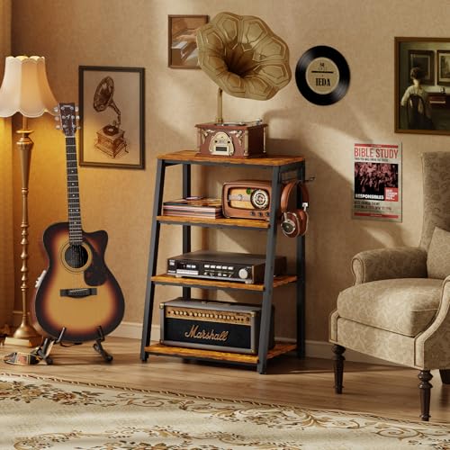 4-Tier Heavy Duty Media Stand with Hooks - Wooden Audio & Game Console Rack, Large TV & DVD Storage, Regular