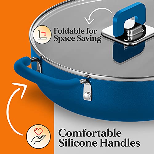 NutriChef Kitchenware Cookware, Non-Stick Pans, and Pots with foldable Knob, Space Saving, Stackable, Nylon -Tools, Induction Base, Brown, 17-Pc Set