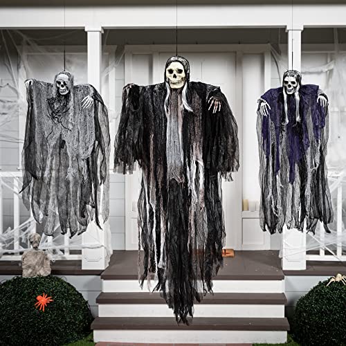 3-Pack Hanging Grim Reaper Skeleton Halloween Decorations - 31.5”, 53”, 31.5” | Outdoor Horror Props