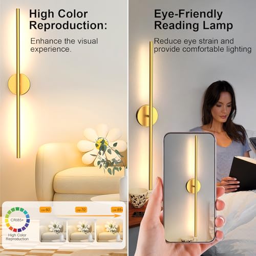 Tartek Gold Round 32 Inch Rechargeable LED Wall Sconce Set of 2, Dimmable & Remote Control