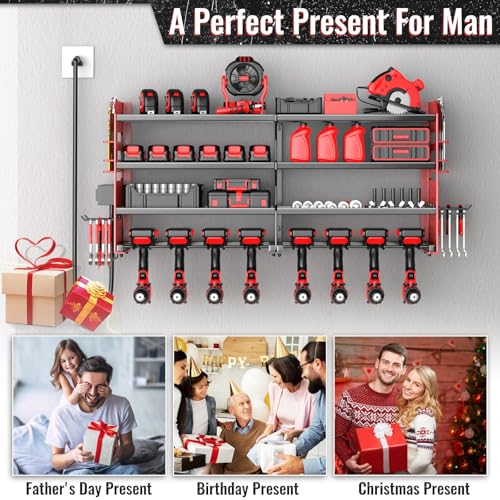 VeyFolzin Red Power Tool Organizer Wall Mount with Charging Station - Heavy Duty Metal, 4 Layers, 8 Drill Slots, 4-Outlet Power Strip