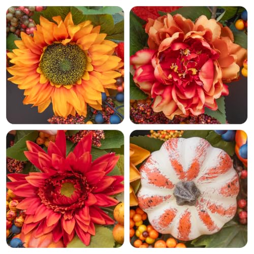 24 Inch Fall Wreath for Front Door with Sunflowers & Maple Leaves
