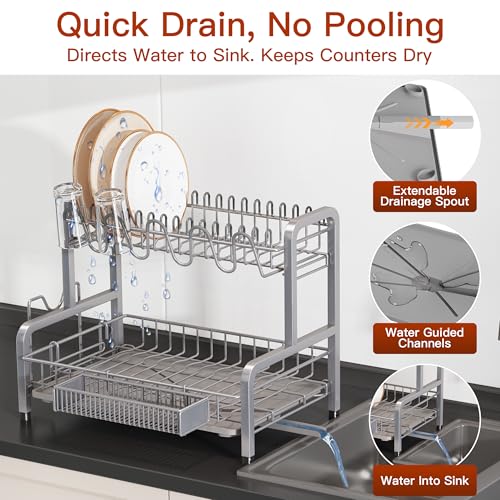 BOOSINY 2-Tier Stainless Steel Dish Drying Rack Silver 12.4"D x 17.1"W x 14.2"H