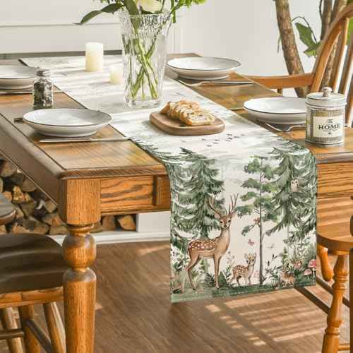 Artoid Mode Forest Deer Bunny Spring Table Runner, Seasonal Summer Kitchen Dining Table Decoration for Home Party Decor 13x72 Inch