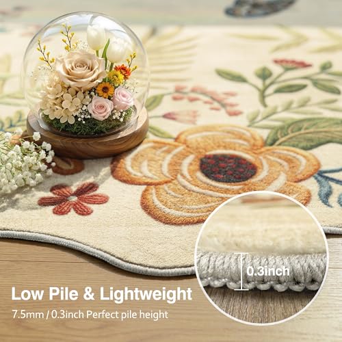6ft Round Washable Beige Boho Area Rug with Embroidery-Inspired Floral Texture