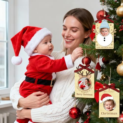 Xmas Baby First Christmas Wooden Photo Frame Ornaments Snowman Santa Reindeer - 3PCS